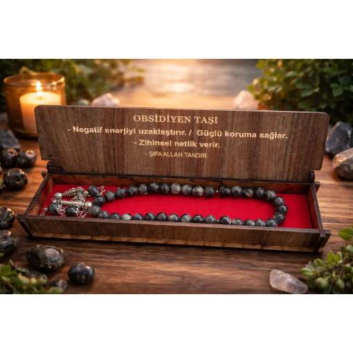 Doğal Obsidyen Taşı Tesbih Kutulu resmi
