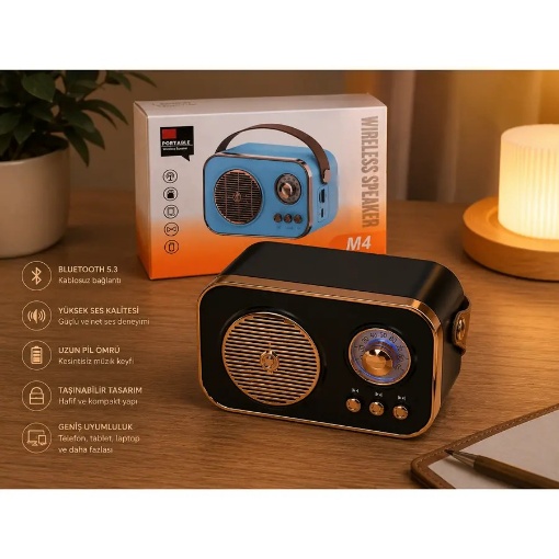 M4 Retro Bluetooth Hoparlör Siyah Gold (Radyo Tasarımlı) resmi